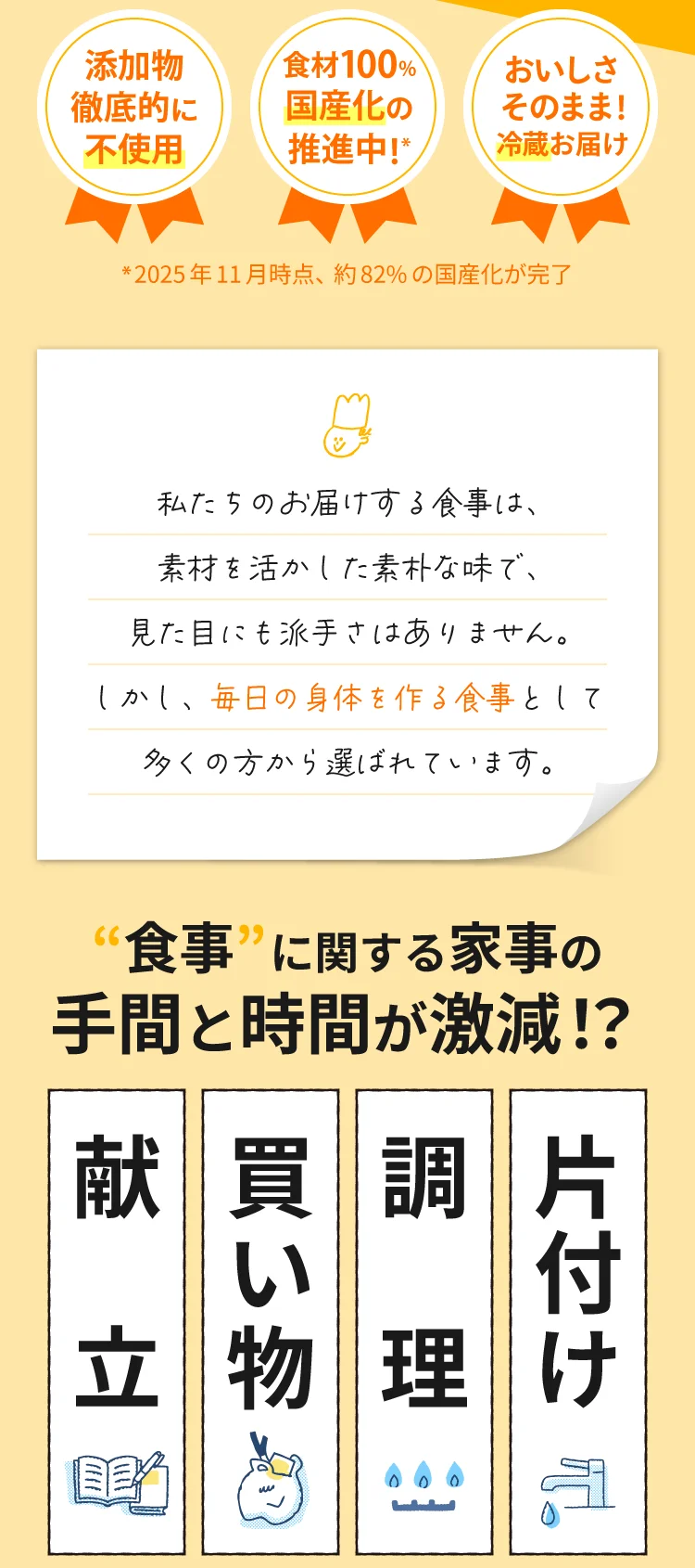 添加物徹底的に不使用。食材100%国産化の推進中。おいしさそのまま、冷蔵お届け。食事に関する家事の手間と時間が激減。